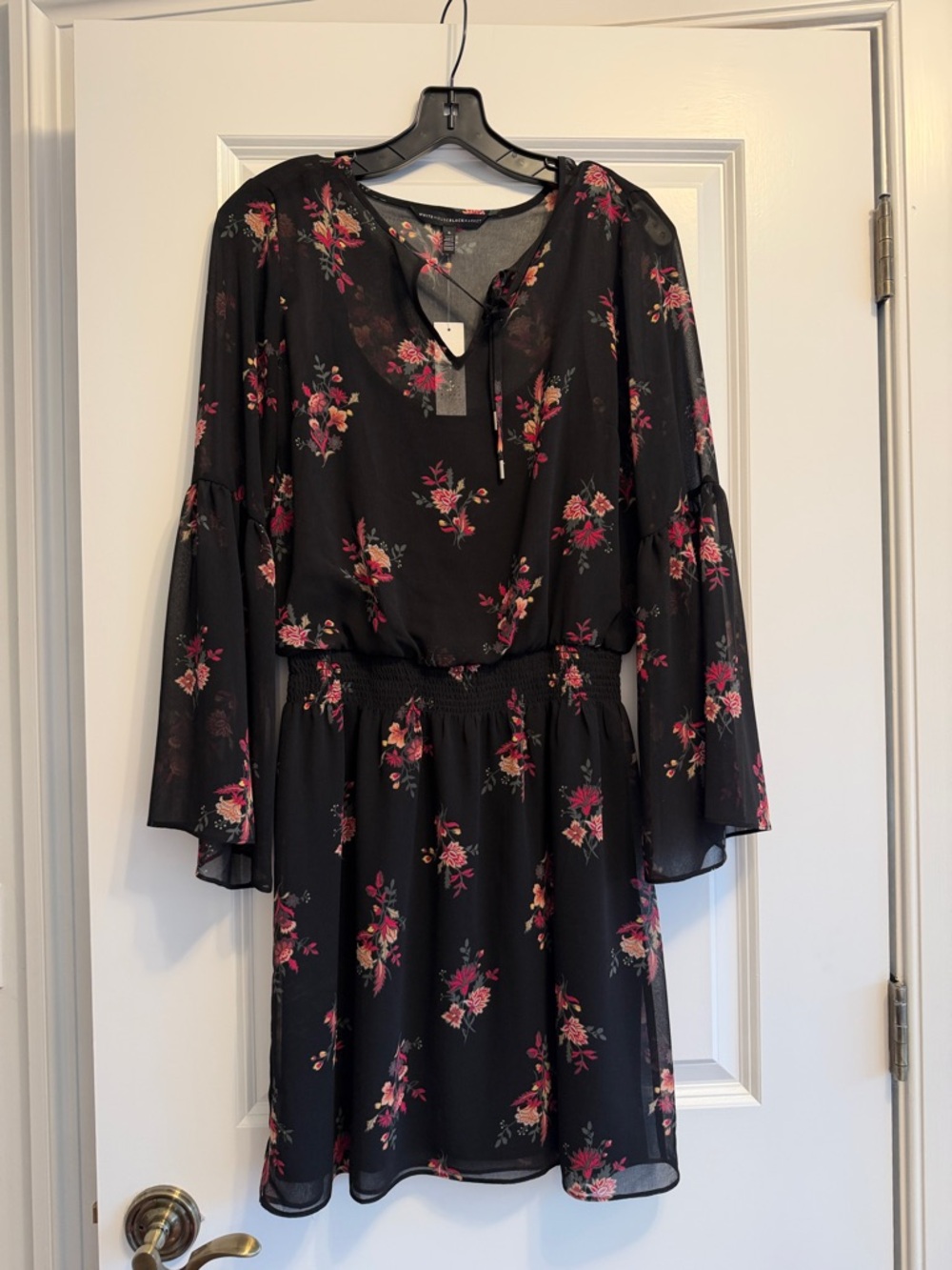 White House Black Market Black Floral Flow Bell Sleeve Soft Dress Size Small NWT